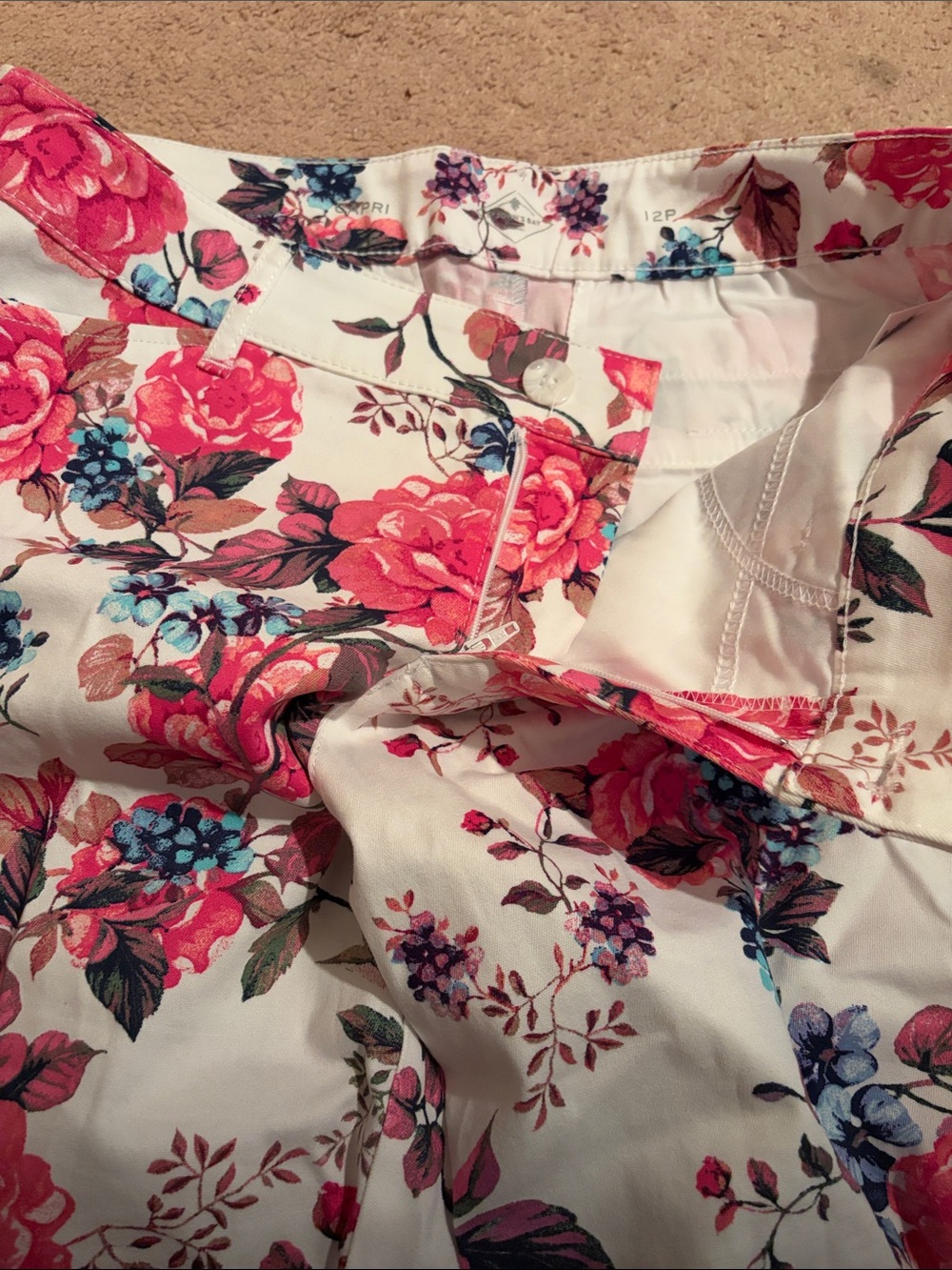 St. John's Bay Cream Floral capris with Pink Purple and Teal Accents - Picture 2 of 4